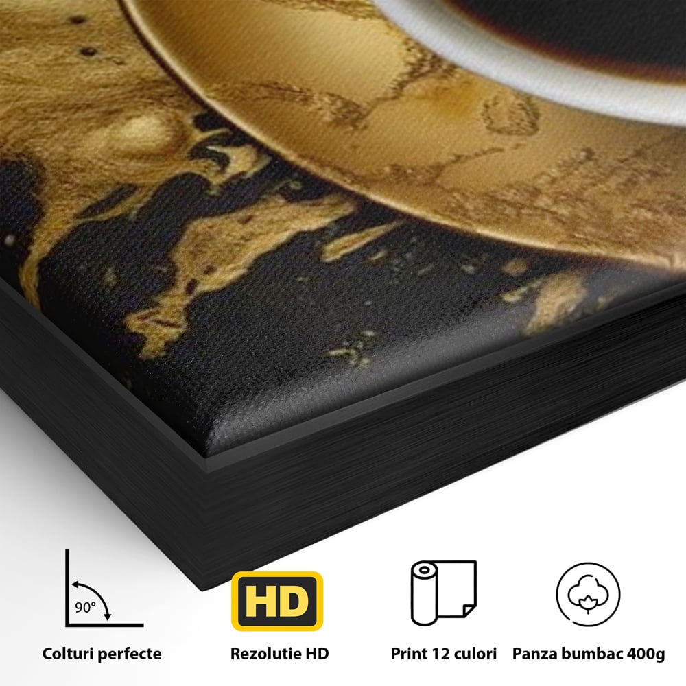 Detaliu al suprafetei: tablou canvas cu ceasca de cafea, in rama de aluminiu negru